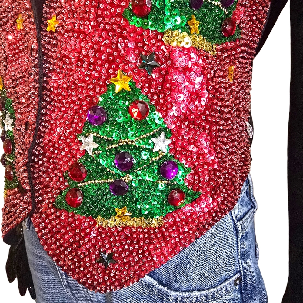 Vintage 90s JC Christmas Tree Sequin and Jewel Vest | Size Small - Picture 11 of 17